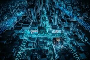 Internet do coisas, redes e aumentado realidade conceito, noite cena. cyber tecnologia cidade do a futuro. neural rede ai gerado foto