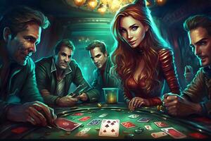 grupo do jovem rico pessoas é jogando pôquer dentro a casino. neural rede ai gerado foto