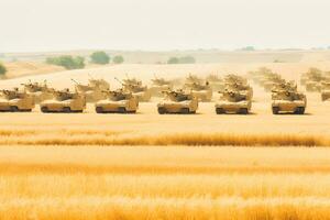 militares ou exército tanque pronto para ataque e comovente sobre uma deserta batalha campo terreno. neural rede ai gerado foto