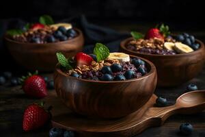 saudável saboroso café da manhã. aveia com bagas e frutas. neural rede ai gerado foto