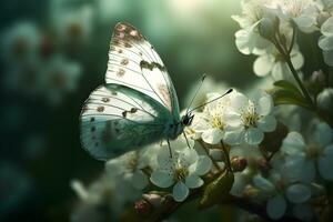 florescendo sakura. ramo do florescendo sakura e brilhante azul morfo borboleta. neural rede ai gerado foto