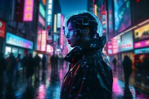 cyber homem dentro a néon cidade do a futuro. neural rede ai gerado foto