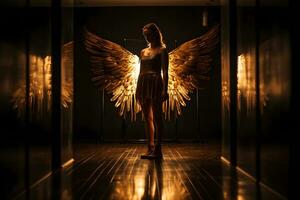 dançarino dentro dourado vestir com anjo asas. neural rede ai gerado foto