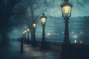 noite lanternas luz dentro vintage retro cidade. neural rede ai gerado foto