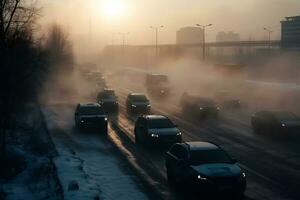 ar poluição a partir de a escape do carros dentro a cidade durante a frio dia, de Meio Ambiente poluição dentro a cidade. neural rede ai gerado foto