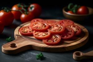 fatiado tomate. vermelho tomates em uma de madeira corte borda. neural rede ai gerado foto