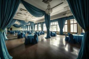 Casamento corredor com luxuoso azul cortinas. neural rede ai gerado foto