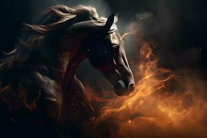 fantasia cavalo retrato com fogo e fumaça. neural rede ai gerado foto