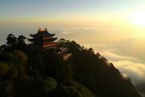 chinês montanhas dentro a névoa nascer do sol. neural rede ai gerado foto