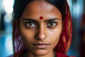 retrato do uma tradicionalmente vestido mulher do indiano origem. neural rede ai gerado foto