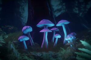 Magia e fada néon cogumelos. neural rede ai gerado foto