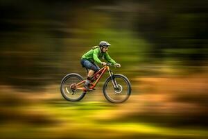 montanha bicicleta ciclista equitação solteiro acompanhar. neural rede ai gerado foto