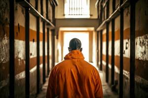 algemado prisioneiro dentro laranja terno esperando para morte pena. neural rede gerado arte foto