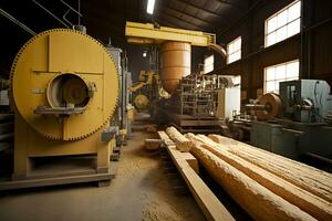 marcenaria serraria Produção e em processamento do de madeira Pranchas dentro uma moderno industrial fábrica montagem linha dentro Produção. neural rede gerado arte foto