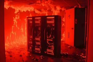 desastre dentro servidor quarto ou dados Centro armazenamento quarto em fogo queimando. neural rede gerado arte foto