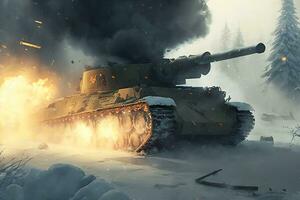 militares batalha tanque dentro inverno panorama. neural rede ai gerado arte foto