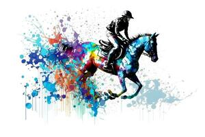 raça cavalo com jóquei em aguarela Espirrar fundo. neural rede gerado arte foto