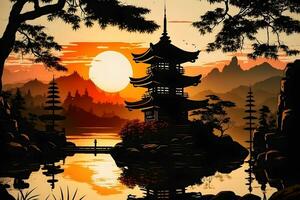 japonês natureza panorama com montanhas e em camadas torre. neural rede ai gerado foto