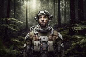 futurista soldado em uma missão dentro a selva. neural rede ai gerado foto
