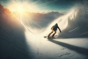 jovem homem snowboarder corrida baixa a declive dentro alpino montanhas. inverno esporte e lazer. neural rede ai gerado foto