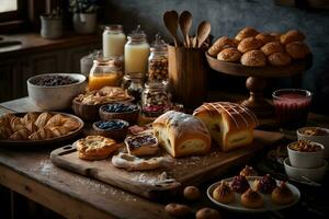 padaria produtos sortimento com pão pães, pães, rolos e dinamarquês pastelaria. neural rede ai gerado foto