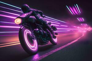 futurista motociclista em uma retrowave pôr do sol com uma falha e alta velocidade efeito. neural rede ai gerado foto