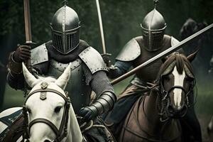 épico campo de batalha exércitos do medieval cavaleiros brigando com espadas. neural rede ai gerado foto