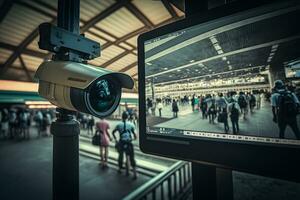 cctv Câmera operativo em trem estação plataforma. neural rede ai gerado foto