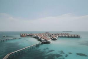 aéreo Visão do Maldivas ilha, luxo água vilas recorrer e de madeira cais. neural rede ai gerado foto
