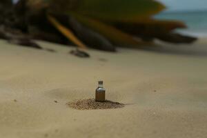 uma garrafa do perfume em a Beira Mar é envelope dentro uma aceno. amarelo areia em a praia, marinho cosméticos e fragrância. neural rede ai gerado foto