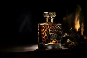 mulheres perfume dentro uma vidro garrafa em uma Sombrio fundo dentro leopardo selvagem Projeto. neural rede ai gerado foto