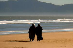 dois mais Tamanho excesso de peso irmãs gêmeos mulheres feliz e orgulhoso do seus corpos caminhando às a de praia em verão feriados. neural rede ai gerado foto