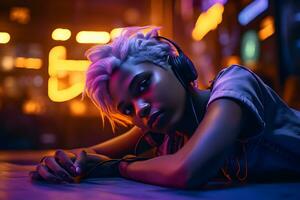 jovem mulher com moicano dentro fones de ouvido, cyberpunk estilo. neural rede ai gerado foto