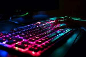 hacker usa teclado, shakes botões com dedos para rachadura senha. Internet segurança conceito, cyber ataque. néon azul cor. neural rede ai gerado foto