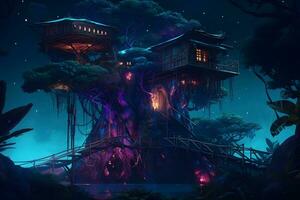 árvore casas dentro uma mágico conto de fadas floresta. neural rede ai gerado foto