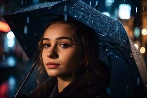 retrato do uma menina com a guarda-chuva dentro a chuva. neural rede ai gerado foto