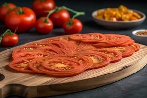 fatiado tomate. vermelho tomates em uma de madeira corte borda. neural rede ai gerado foto