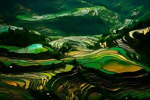 arroz Campos em terraço do mu cang chai, yenbai, Vietnã. arroz Campos preparar a colheita às noroeste vietnã.vietnã paisagens. neural rede ai gerado foto