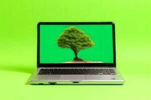 uma árvore cresce a partir de uma computador portátil. verde em formação tecnologia. neural rede ai gerado foto