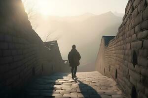 homem turista anda em ao longo a ótimo parede do China. neural rede ai gerado foto