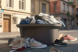 lixo dentro urbano cidade transbordar a lixo deposito de lixo pode fazer poluição com roupas despejado dentro lixo e lixo. neural rede ai gerado foto