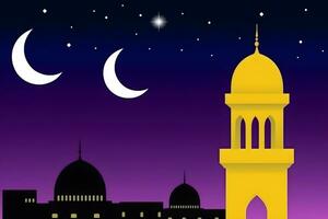 Ramadã kareem fundo.crescente lua às uma topo do uma mesquita. neural rede ai gerado foto