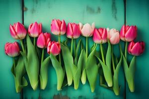 quadro, Armação do tulipas em turquesa rústico de madeira fundo. Primavera flores neural rede ai gerado foto