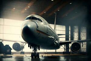 grande passageiro aeronave em manutenção dentro aeroporto hangar. neural rede gerado arte foto