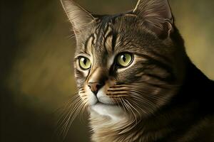retrato do doméstico gato com malhado pele ao ar livre com Sombrio fundo. neural rede gerado arte foto