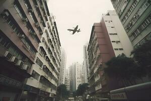 comercial avião vôo sobre moderno cidade. neural rede ai gerado foto