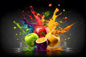 colorida água espirrando em maçãs Como arte desempenho momento pegando. neural rede gerado arte foto