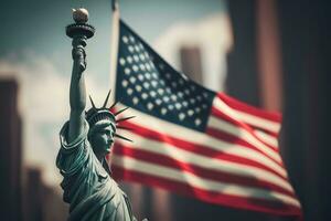 estátua do liberdade em a fundo do a americano bandeira. democracia e liberdade conceito. neural rede ai gerado arte foto