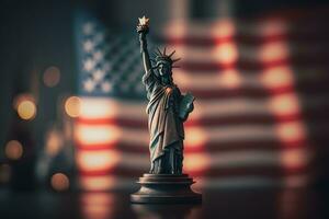 estátua do liberdade em a fundo do a americano bandeira. democracia e liberdade conceito. neural rede ai gerado arte foto