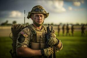 orgulhoso exército soldado retrato. neural rede ai gerado foto